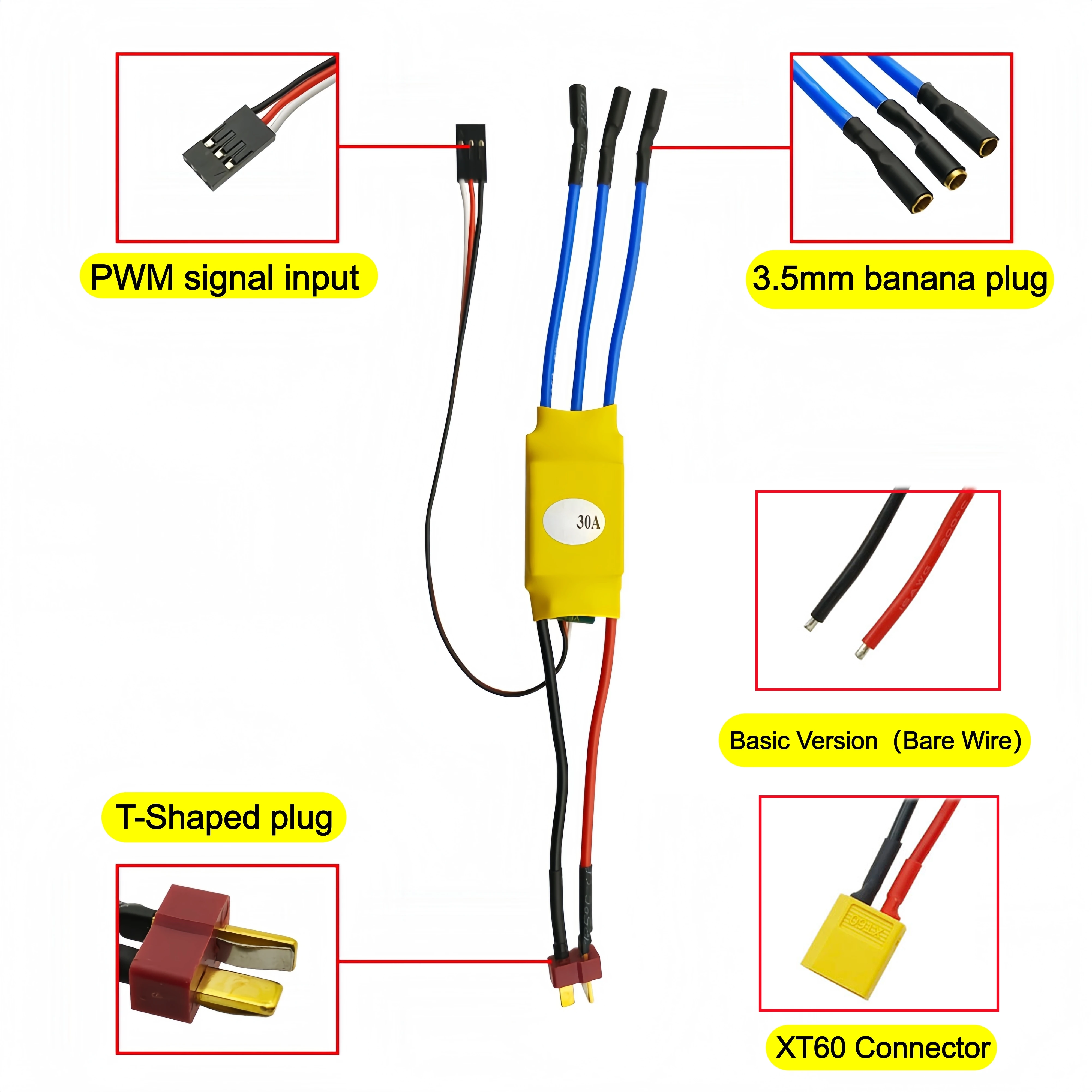 30A 40A High Power Brushless Electronic Speed Controller ESC Bare Wire Pre soldered Banana Plugs T Plugs XT60 Connector