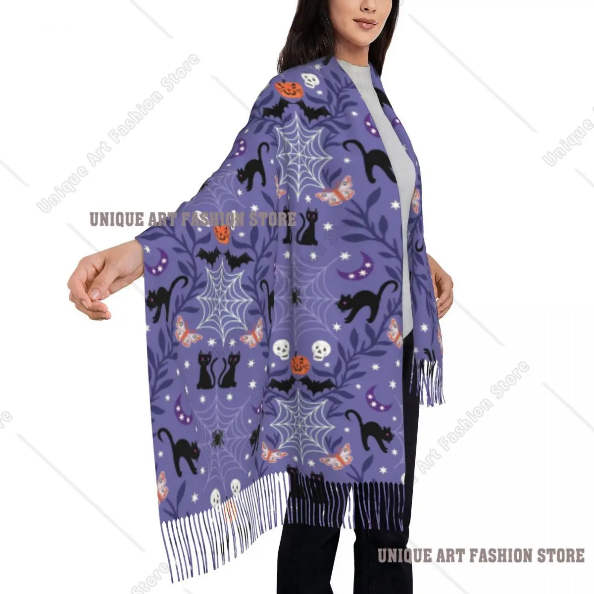 Bufanda de araña de gato negro con estampado personalizado para Halloween, bufandas cálidas de invierno para hombres y mujeres, chal gótico de bruja