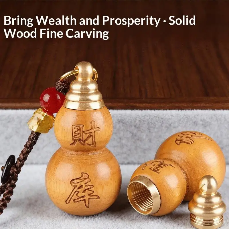 1Pcs Paulownia Wood Wealth Vault Blessing Gourd Keychain Pendant Filled With Red Sand, Unisex Portable Car Hanging Decoration