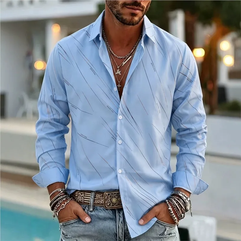 Mens Long Sleeve Shirt Classic Lapel Print Buttons Rollable Cuff Design Urban Daily Casual Slim Fit Shirt Social Male Clothing
