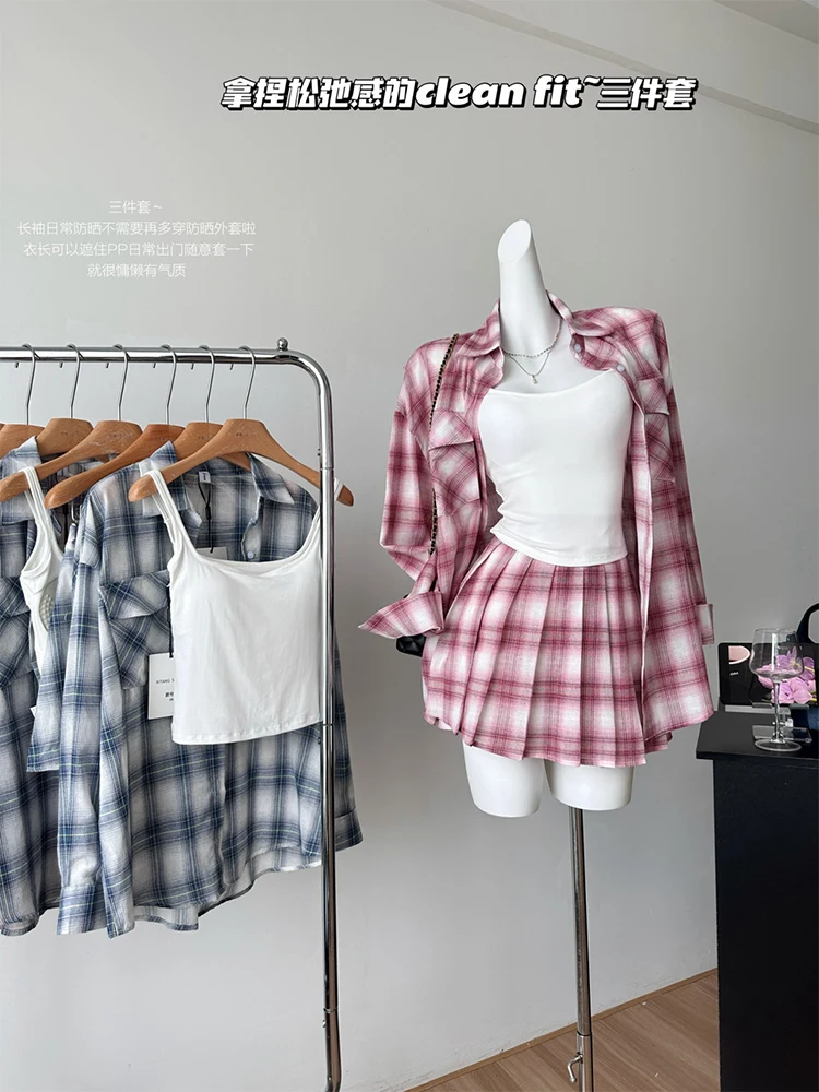 

Autumn Women Korean Stylish Vintage Preppy Style Suit Plaid Outfits 3 Piece Set Long Sleeve Shirts + Mini Pleated Skirt + Cami