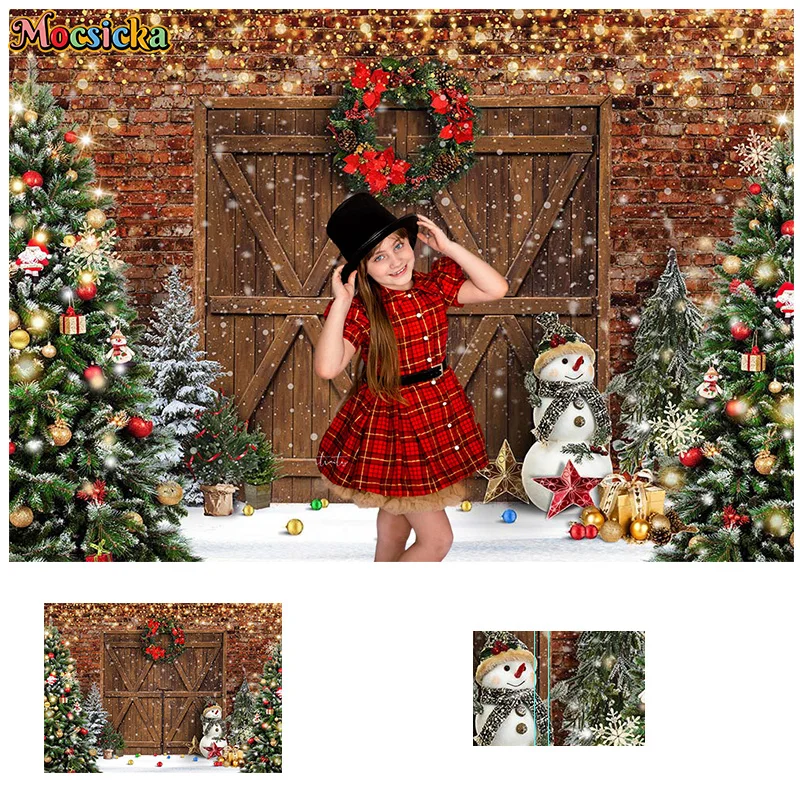 

Mocsicka Christmas Season Photography Background Xmas Tree Wooden Door Snowman Backdrop Cute Kids Photo Cake Smash Banner