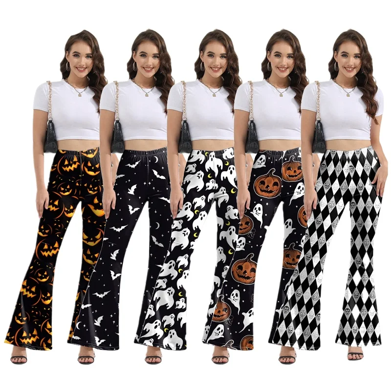 

Halloween Cosplay Pumpkin Skull Print Bell-bottoms Flare Pants Leggings Tight Elastic High Waist Slim Skinny Pants Party Bottom