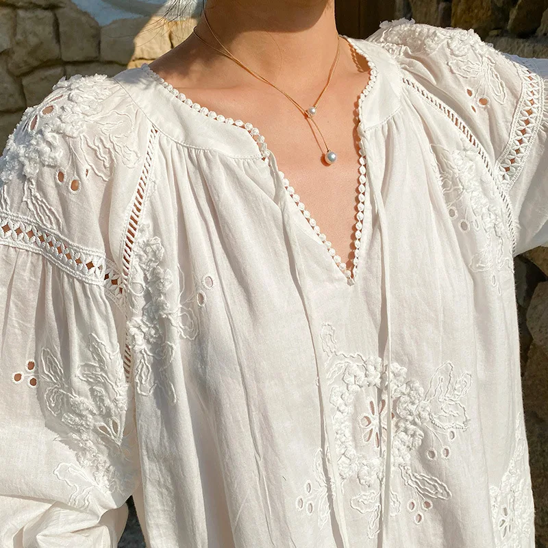 WildPinky Boho broderie florale Mini robes femmes coton ample à manches longues vacances dames printemps été robe blanche robes