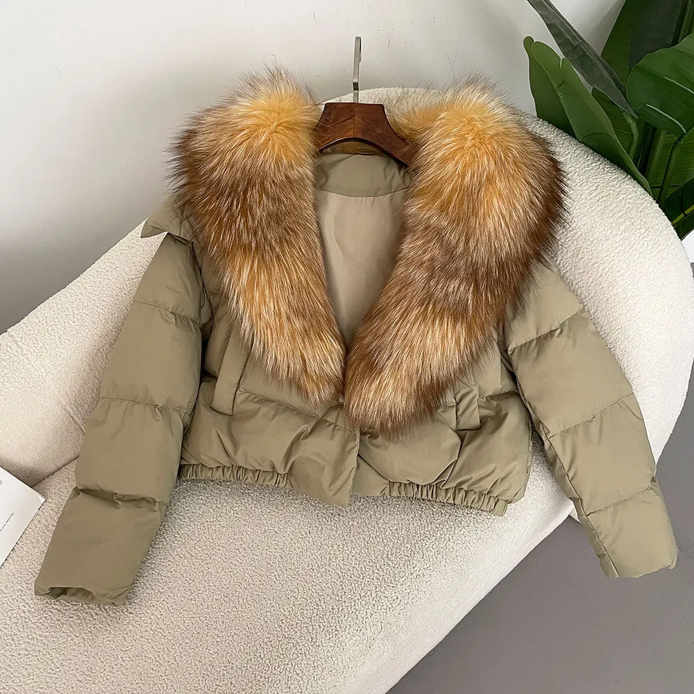 Detachable Collar Big Natural Real Fox Fur Jacket Women Short Puffer Jacket Thick New Autumn Winter Female White Duck Down Coat