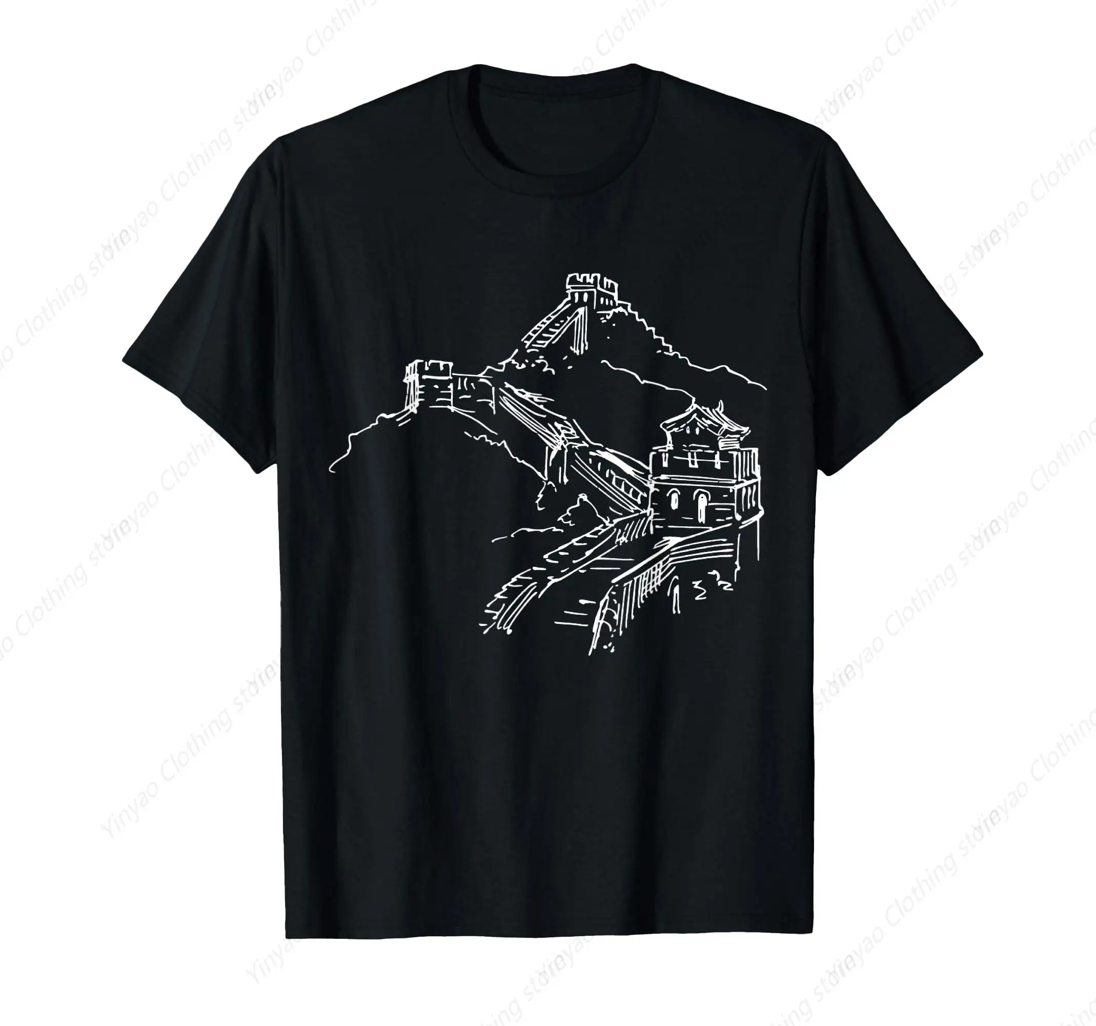 

Chinese Great Wall Printed Pattern T-Shirt Travel Souvenir Gift Black T Shirt Pure Cotton Chinese Scenic Spots