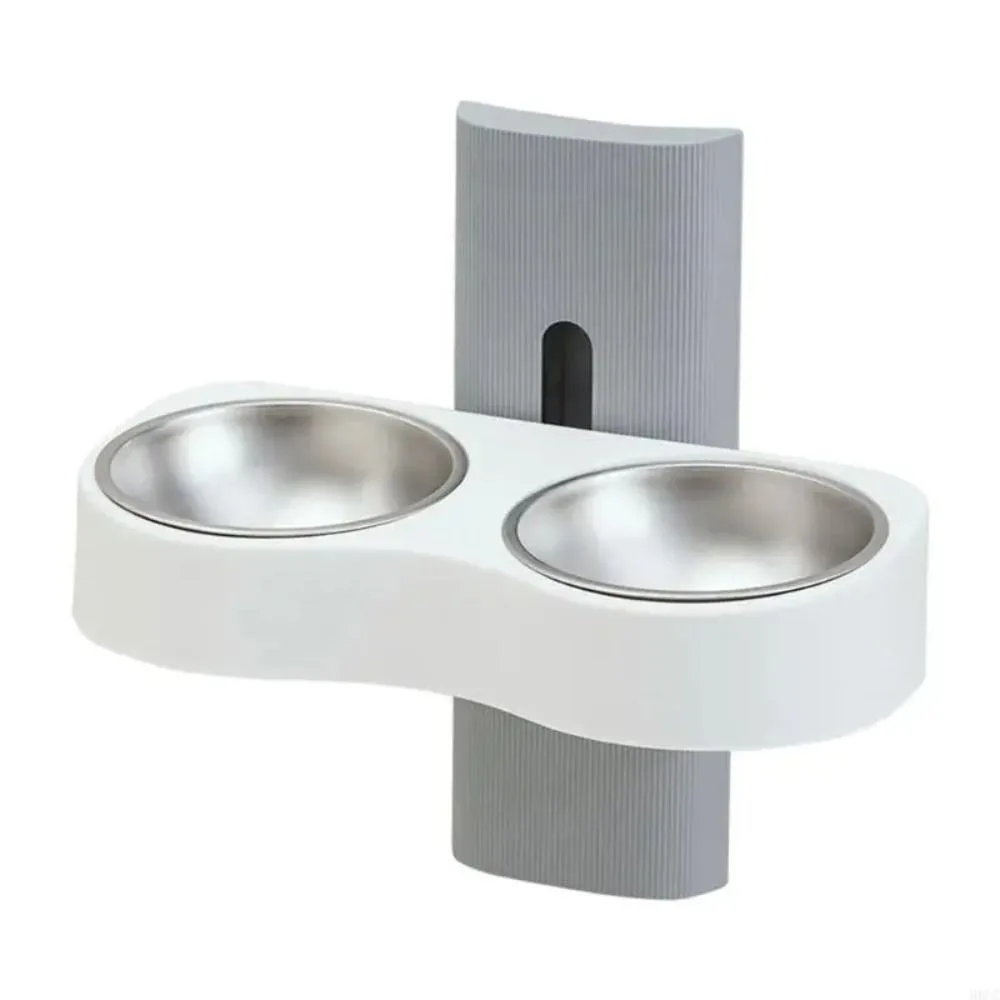 

Wall mounted pet double bowl stainless steel anti knock cat dog bowl water and food integrated adjustable high footed ceramic