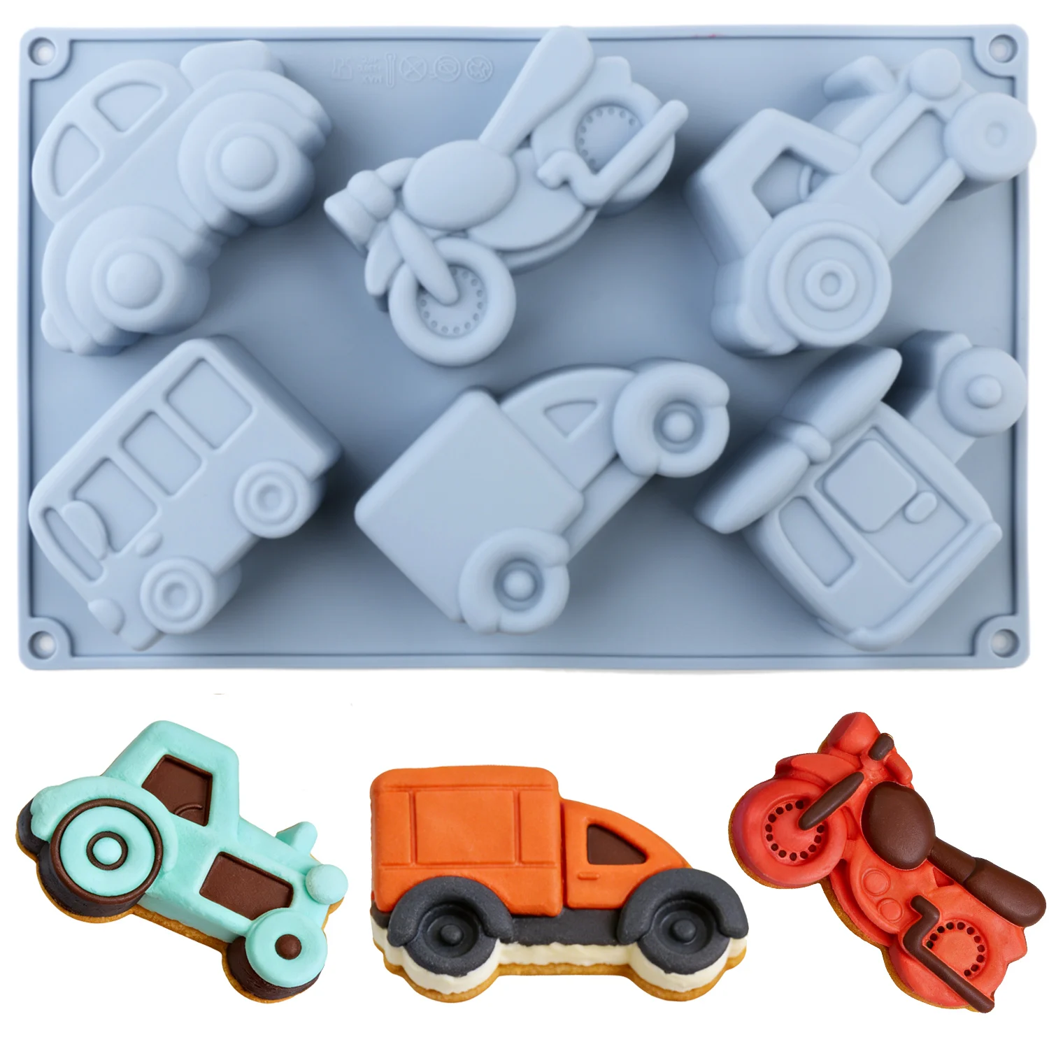 Forma de Silicone para Bolo com 6 Designs Diferentes de Carros e Caminhões, Molde DIY para Confeitaria, Bandeja para Bolo e Chocolate, Molde Artesanal para Sabonete de Motocicleta de Corrida