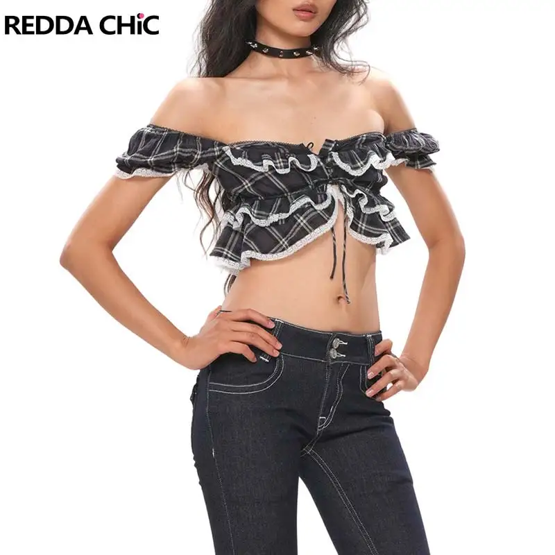 REDDACHiC Cowgirl Button Front Tank Top Women Vacation Laced Square Neck Ruffle Edge Puff Sleeve Crop Top Lounge Summer Clothes