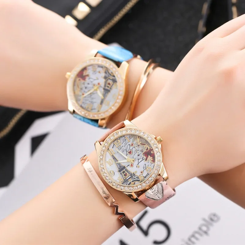 

New Women Rhinestone Inlaid Tower Round Dial Arabic Number Analog Quartz Wrist Watch Top Brand Girls Bracelet Clock WristWatch