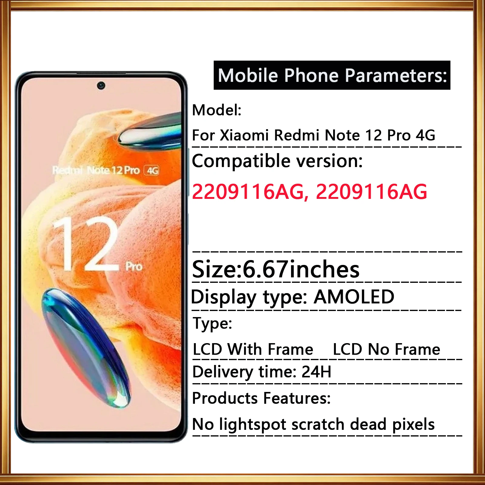 6.67“AMOLED For Xiaomi Redmi Note 12 Pro 4G LCD Display Touch Screen Digitizer Assembly For Redmi Note 12 Pro 4G 2209116AG LCD