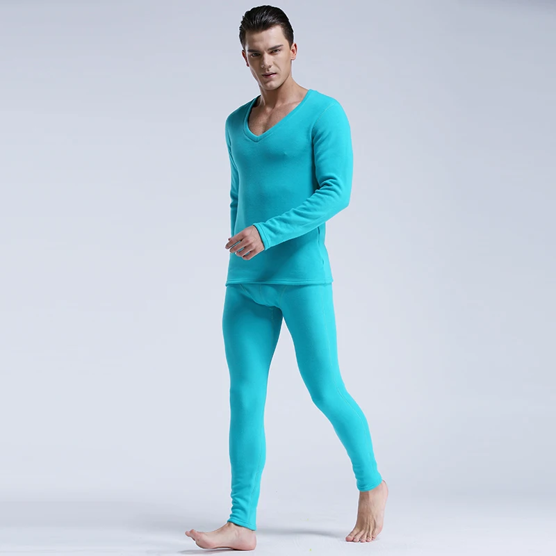 Autumn and Winter Men\'s Thickened and Velvet Winter V Neck Tight-Fitting Cotton Autumn Clothes and Long Trousers Thermal Intim