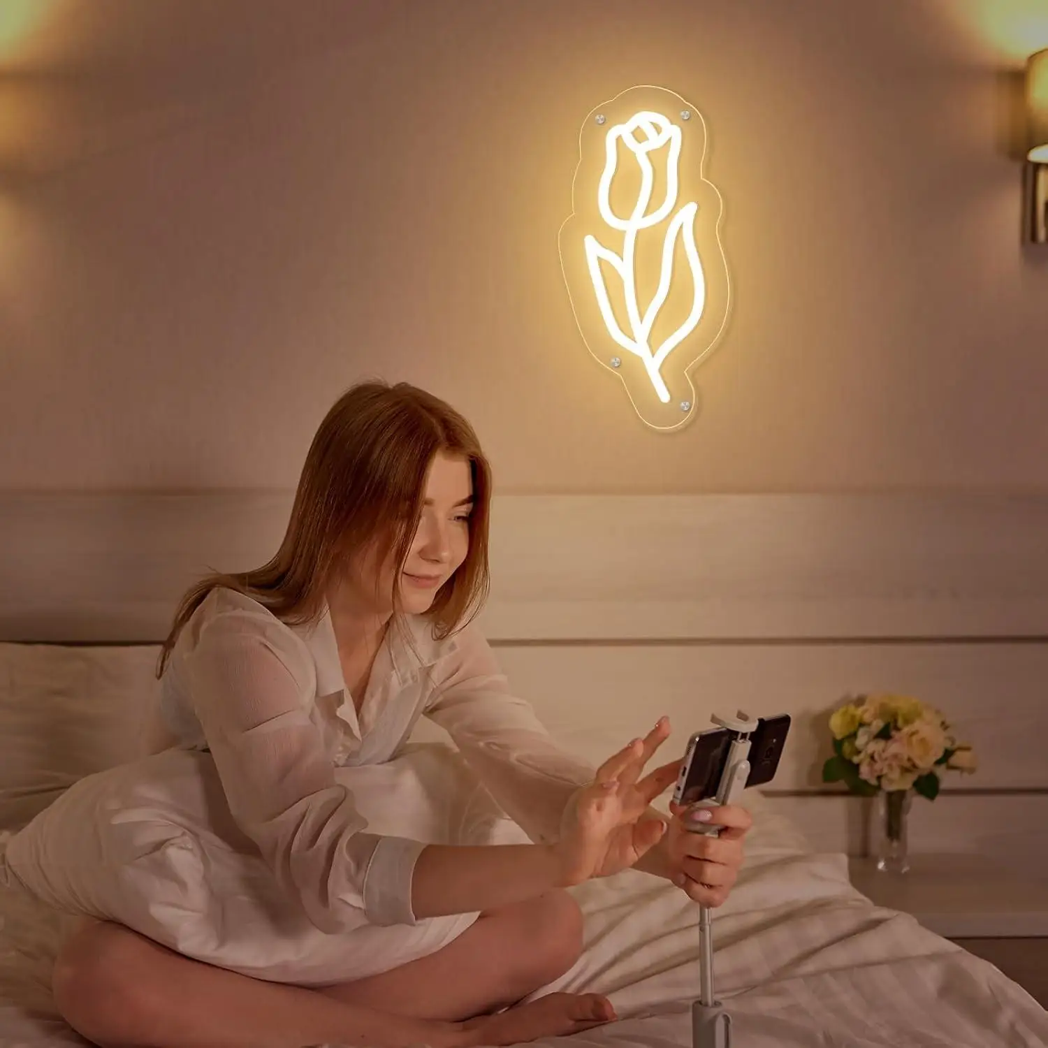 Rose Flower Neon Sign Cute Flower USB Dimmable Neon Lights for Home Bedroom Girl Kid Room Party Game Room Art Wall Decor Gifts