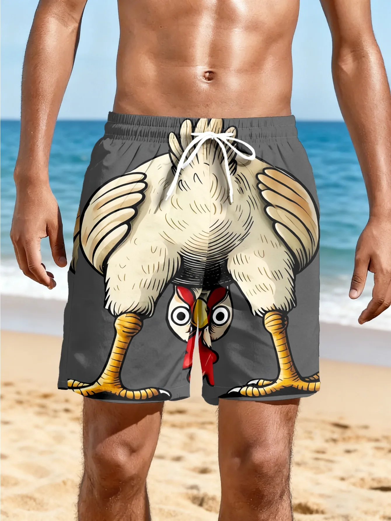Men's 3D Funny Chicken Pattern Shorts, Fun Anime Visual Illustrations Printed Drawstring Elastic Waist Casual Beach Shorts