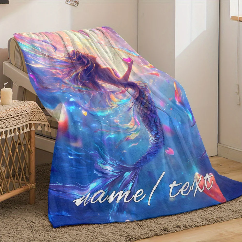 1pc Customizable Dreamy Mermaid Flannel Blanket – Vibrant Digital Print, Soft & Lightweight Throw for Sofa, Bed, Travel,