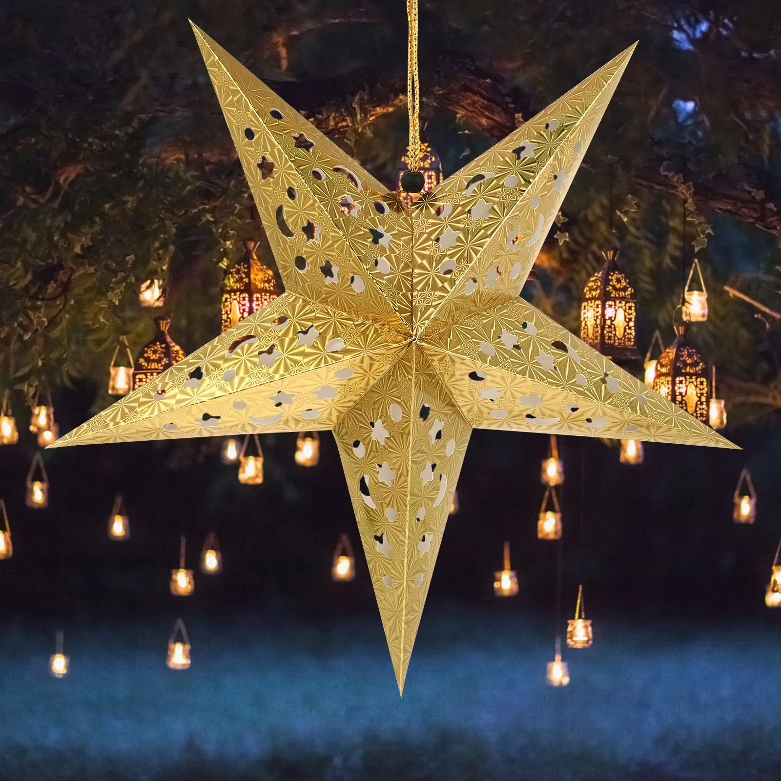 

5 шт. 45 см золотистые блестящие звездообразные абажуры для потолочных светильников, бумажные фонарики для вечеринок, свадеб, домашнего декора, аксессуары для освещения в помещении