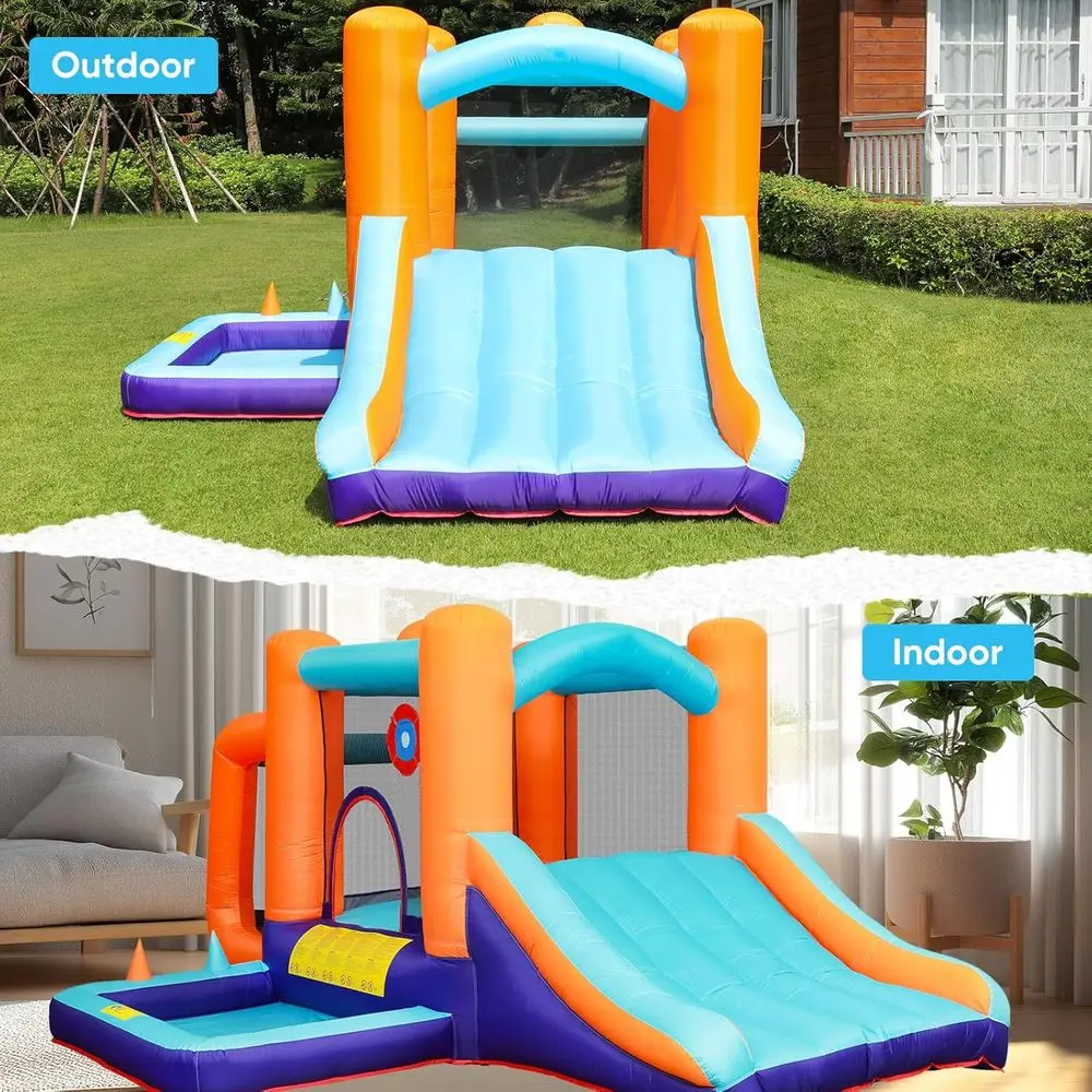 Bounce House with Ball Pit, Bouncy Castle with Slide, Iatable Castle with Air Blower, Indoor/Outdoor Jump House for Kids，158x116