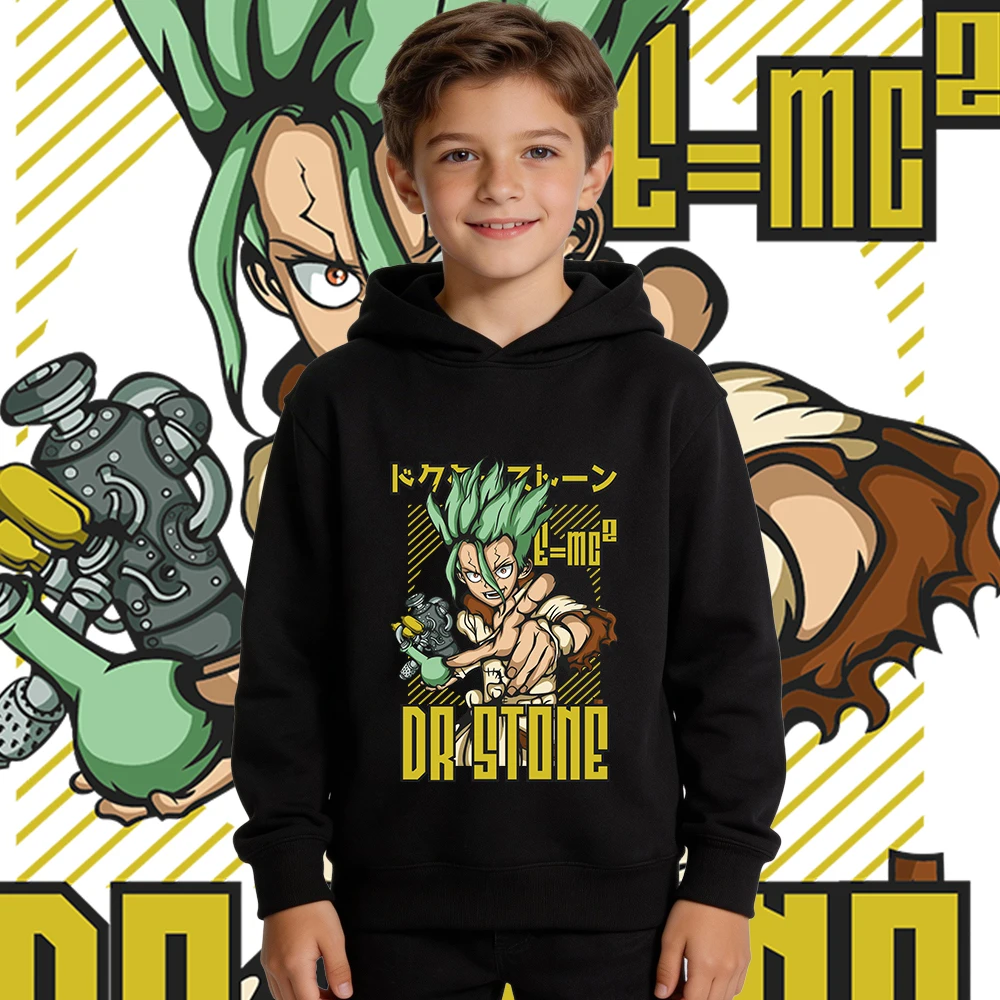Dr Stone Senku Anime Print Fleece Lined Hoodie for Kids Boys Girls Autumn Winter Casual Clothes Warm