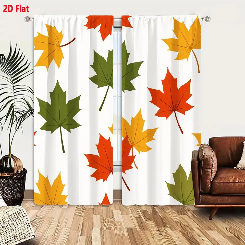 2Pcs Curtains 2D Flat Stylized Maple Leaves Pattern White Background Vibrant Orange Yellow Green Shades Cheerful Autumn Decorati