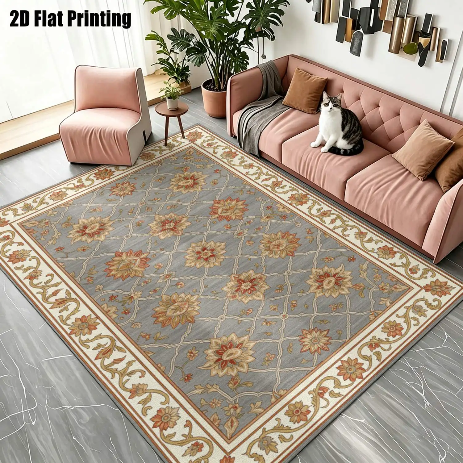 1Pc 2D Printed Carpet: Blue-Grey Floral, European Vintage, Bohemian, Geometric Floral & Simple Floor Mat Multi-Size, Machine Washable, Ideal for Entryway, Dining Room, Foyer, Bedroom, Living Room Home Decor.