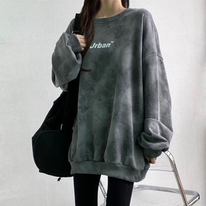 Mulheres Coreano Estilo Retro Vintage Letter Tie Dye Imprimir Casual Loose Sweatshirt O Pescoço Manga Longa Pullover Streetwear Outono 2023