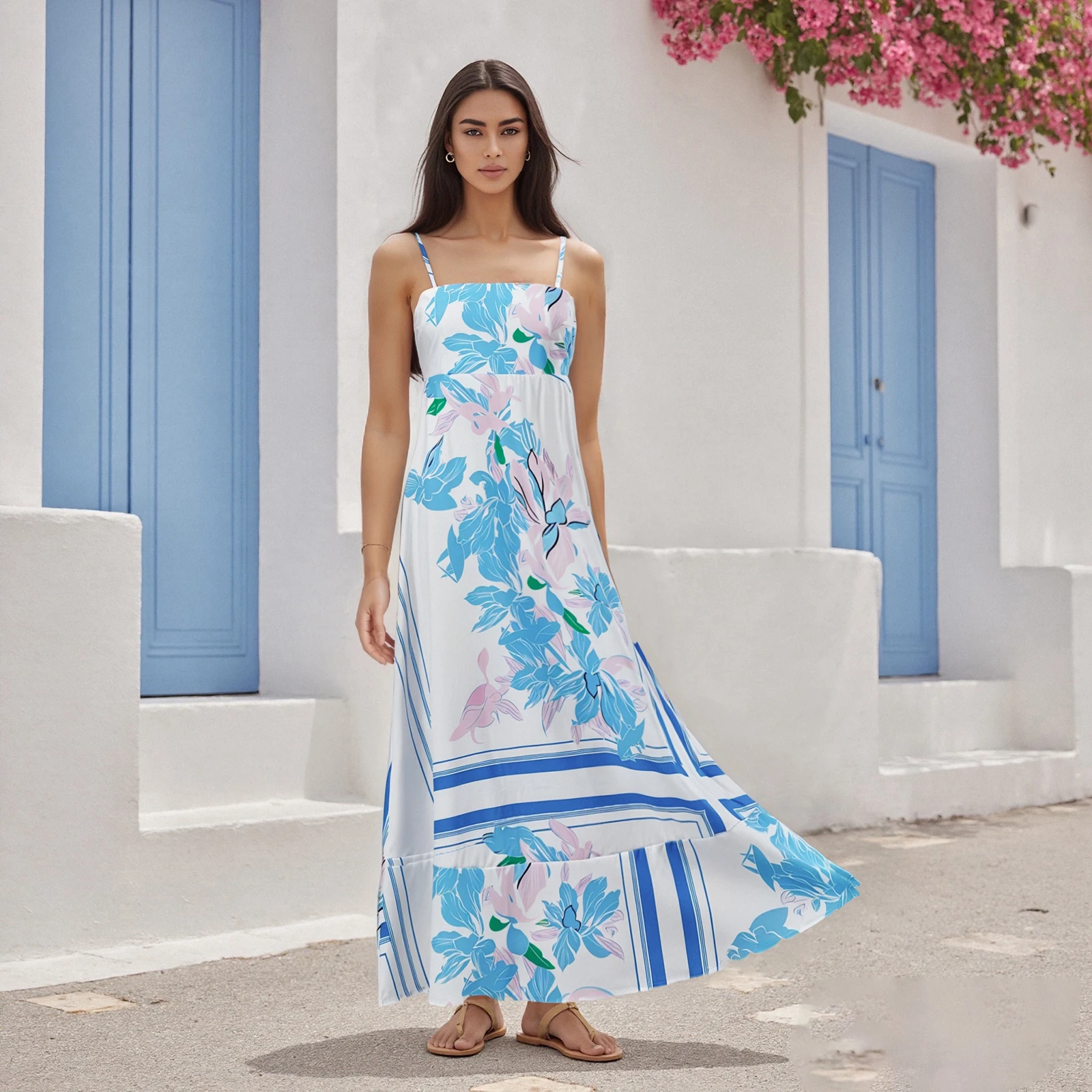 Abito lungo con canotta floreale per donna Abito estivo alla moda con cinturino per spaghetti senza maniche A Line Cami