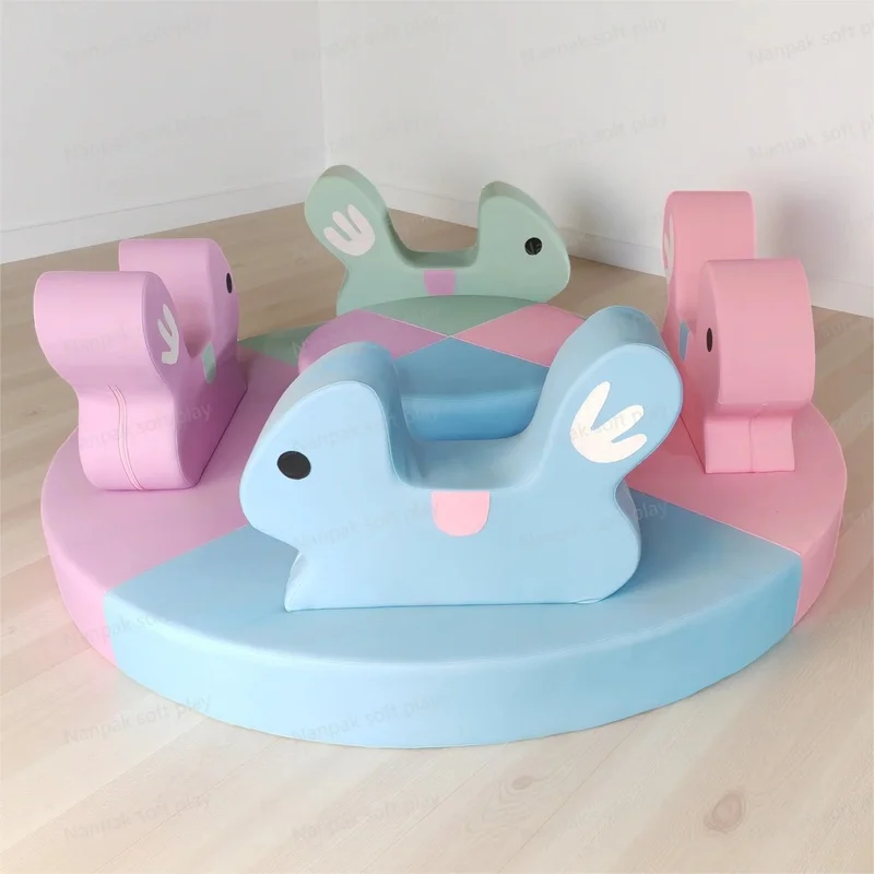 Cute White Pastel Indoor/Outdoor Playground Equipment Kid's Animal Ride Spin Merry Go Round Soft Play for Mall Party Event Hire