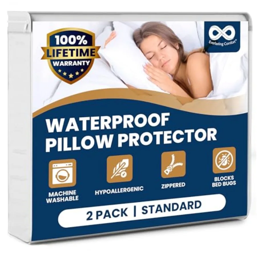 100% Stain Resistant and Waterproof Standard Size Pillow Protectors with Zipper Set of 2 - Bed Bug and Dust Mite Proof White Pi