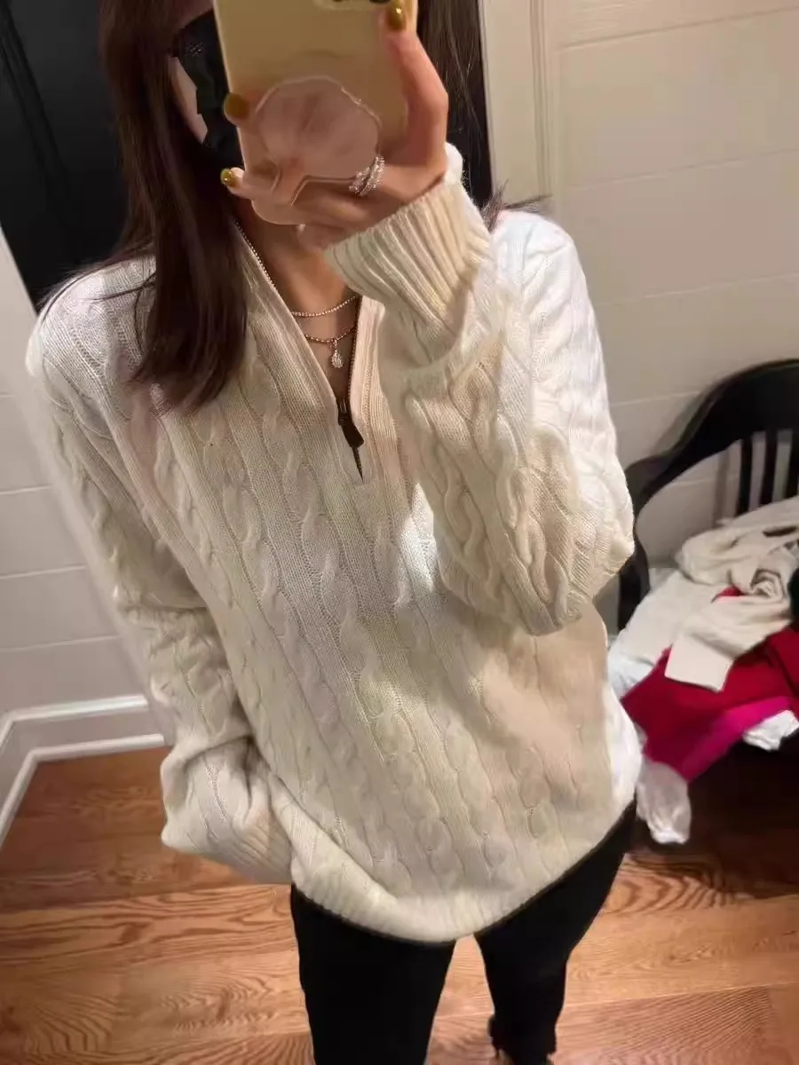 

Fall/winter heavy semi-zipper stand-up collar cashmere sweater women's twist thick loose sweater soft waxy bottoming shirt