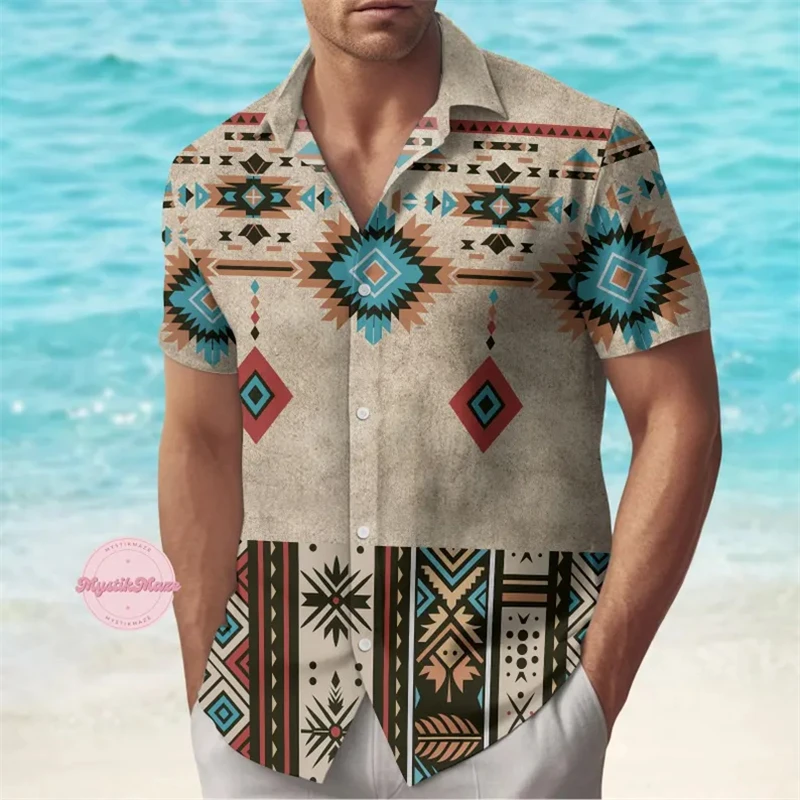 

Ethnic Tribes Style Print Hawaiian Shirt Men Clothes Summer Leisure Funny Cute Cat Graphic Short Sleeve Shirts Flower Parrot Top