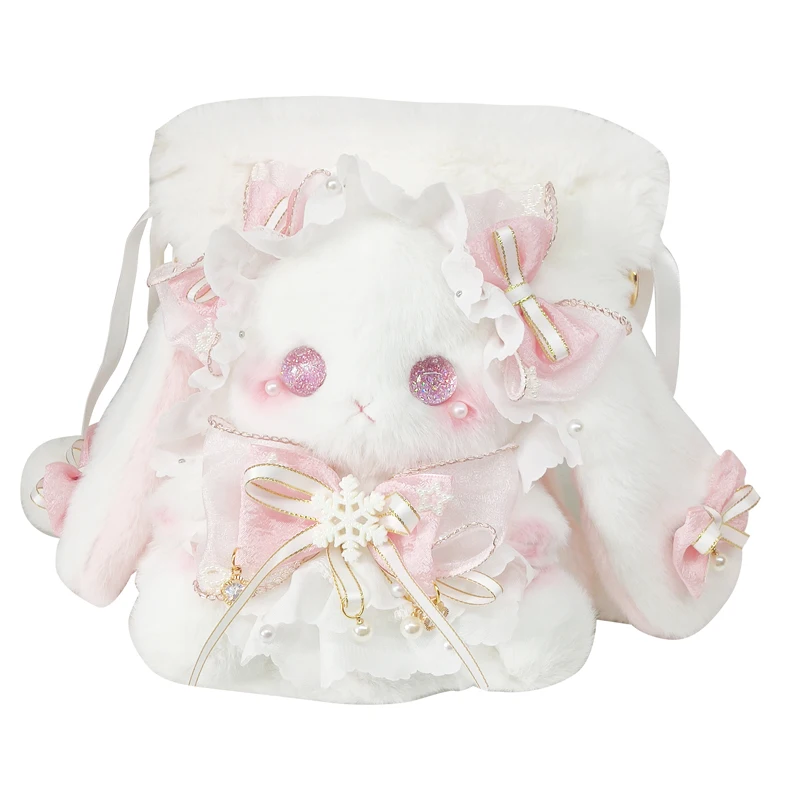 Sweet Cute Girl Japanese Original Lolita Doll Rabbit Bag Doll Feeling Plush Drawstring Diagonal Span Bag Large Capacity Backpack