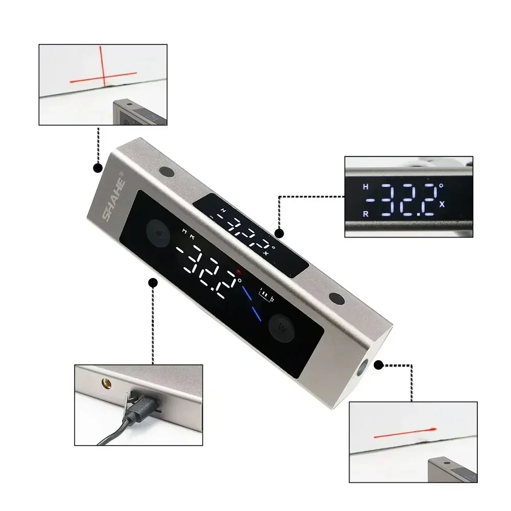 SHAHE Type-C Charging Digital Inclinometer Laser Protractor Angle Measure Laser Level Ruler Laser Measurement Angle Tools