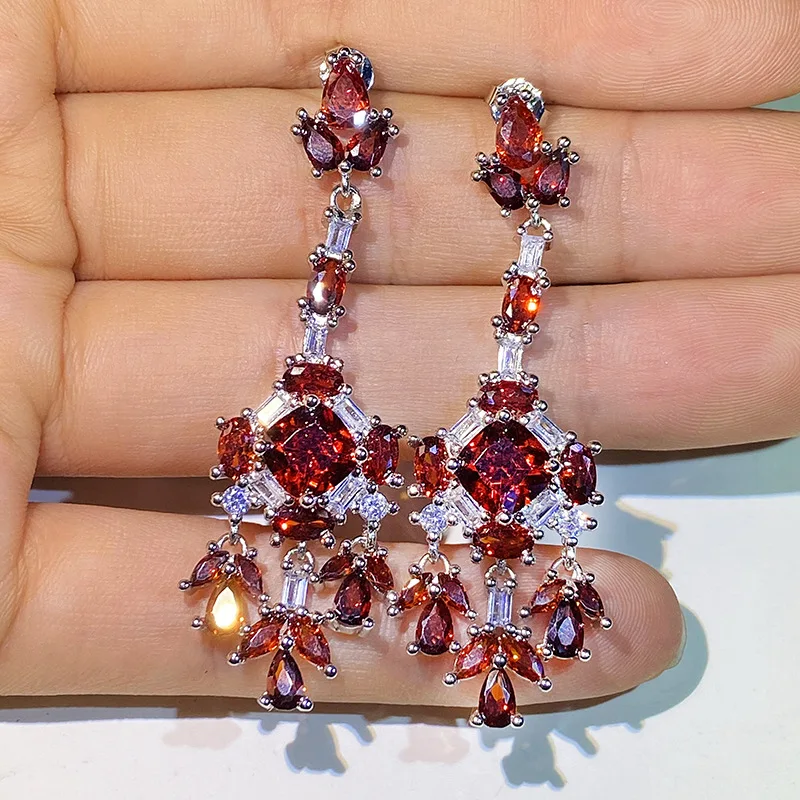 925 silver retro red crystal tassel earrings light luxury palace style diamond-studded earrings high-end exaggerated women