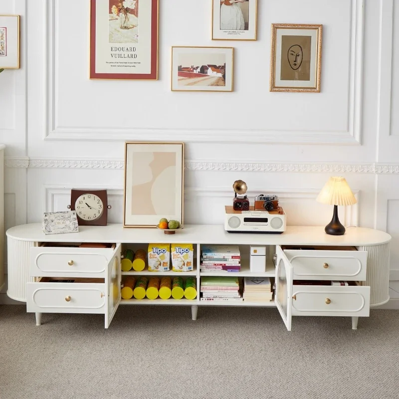 

Cream wind French paint TV cabinet Coffee table combination Changhong glass light luxury milk white solid wood tall TV cabinet