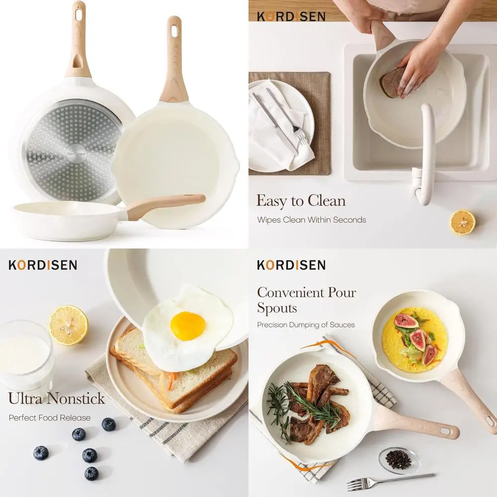 

Набор из 3 керамических сковородок с антипригарным покрытием, здоровое приготовление пищи, прохладная ручка, индукционный сейф, без PFOA/PFAS, белый (9,5, 11, 12,5)