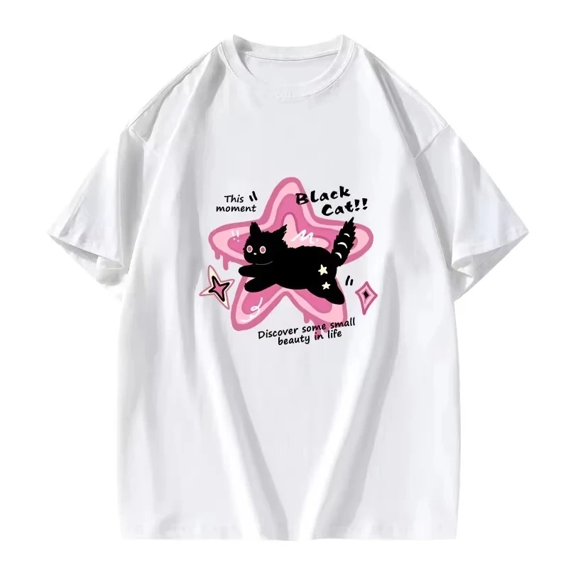 

Anime Cartoon Cat Print Women's Short Sleeved T-shirt 2024 New Summer Trend Half Sleeved Fashion Brand Design Loose Cotton Top