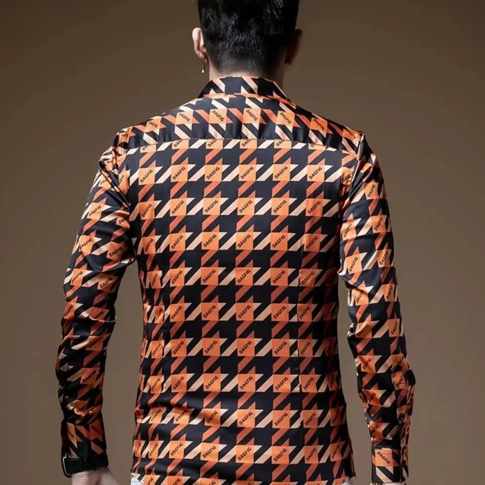 Spring Autumn Plaid Shirt Men's Luxury Design Print Long Sleeve Trendy Slim Fit Youthful Spring 2023 No Ironing Required