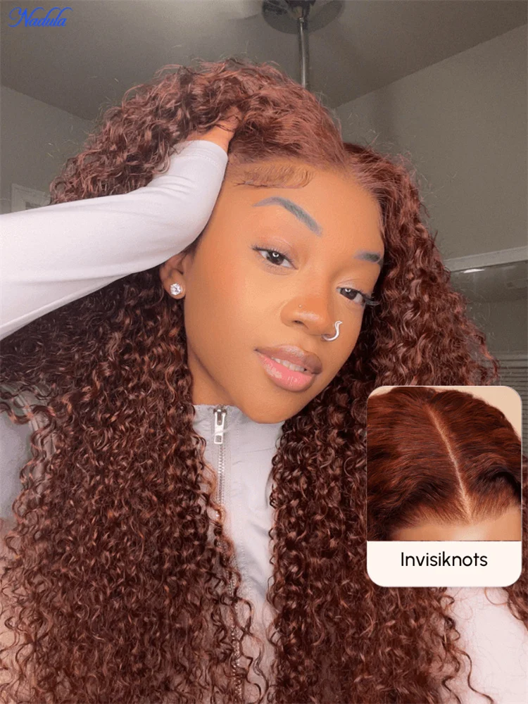 NADULA Bye Bye Slip Curly Glueless Human Hair Wig Reddish Brown 7x5 Pre Cut Lace Glueless Wig with Drawstring Pre Bleached Knots view 2