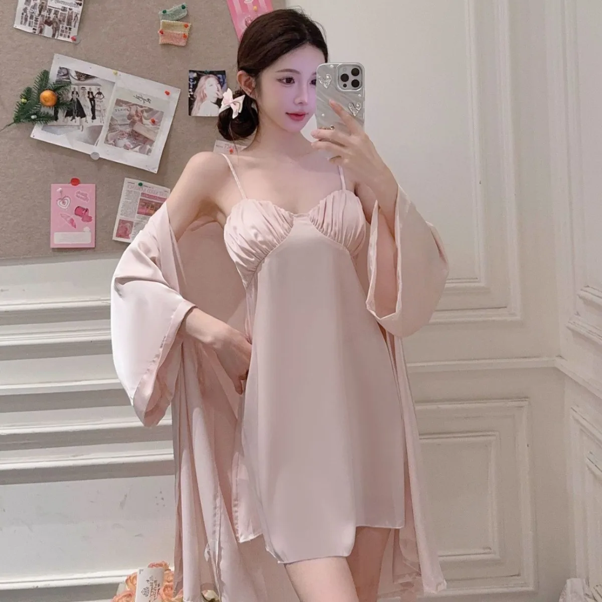 

2025 Twinset Robe Set Suspender Nightgown Women Long Bathrobe Sexy Lace Trim Sleepwear Backless Lingerie Homewear Nightwear
