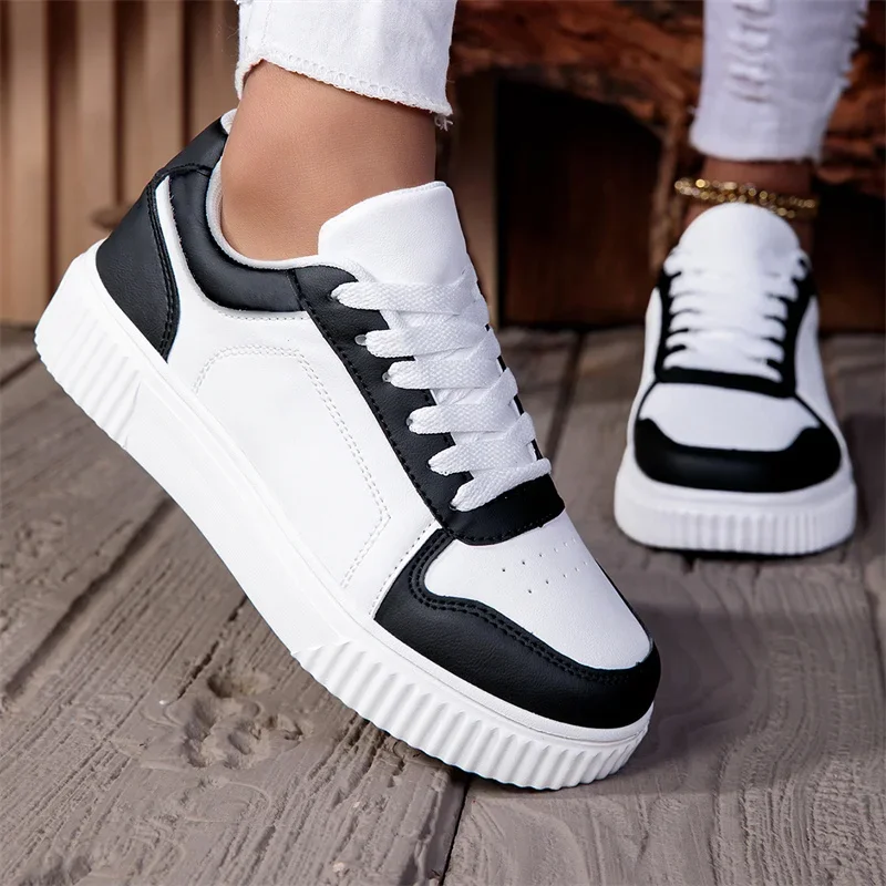 

Women Casual Shoes Lace Up White Sneakers Walking Female White Flat Board Shoes PU Leather Thick Sole Outdoor Luxury Fashion