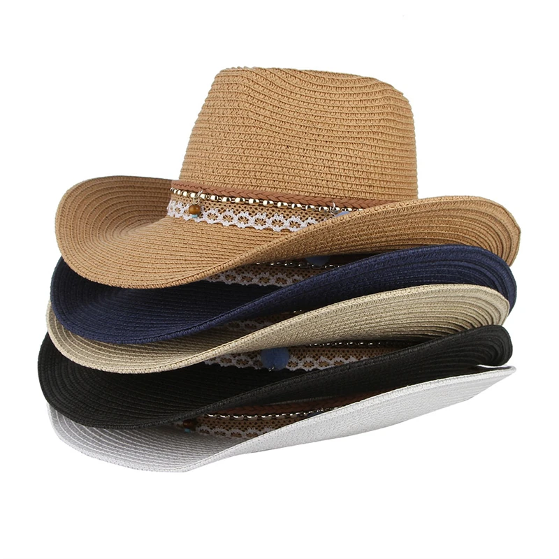 Western Cowboy Hat for Women Men Summer Wide Brim Cowgirl hat Sun Beach Straw Hats