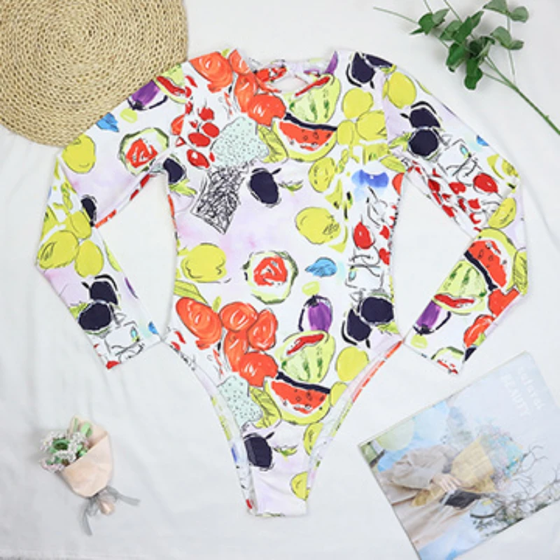 2024 New Sexy One Piece Swimsuit Swimwear Women Long Sleeve Backless Print Sports Surfing Bathing Suit Beachwear Banadores Mujer