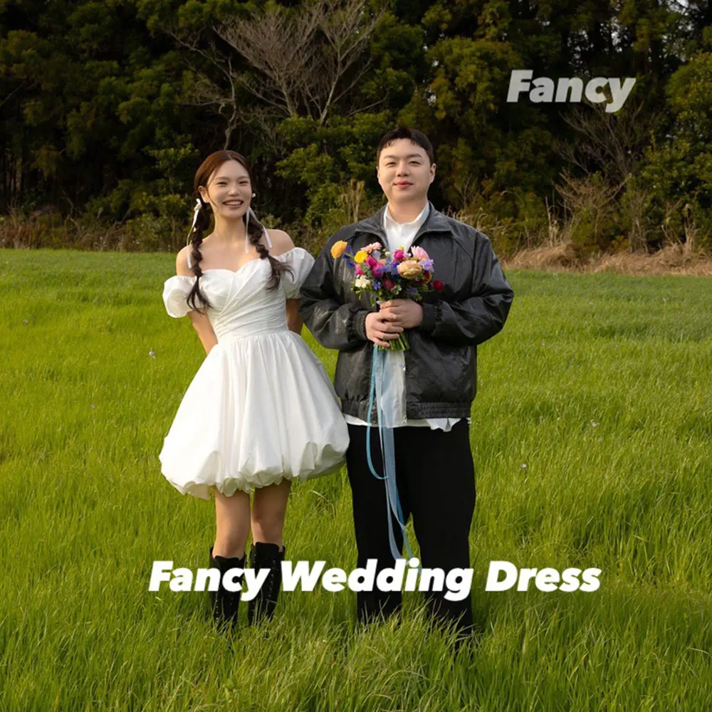 

Fancy Simple Off Shoulder Korea Wedding Dress Taffeta Evening Dress A Line Mini Short Party Engagement Dress Customized