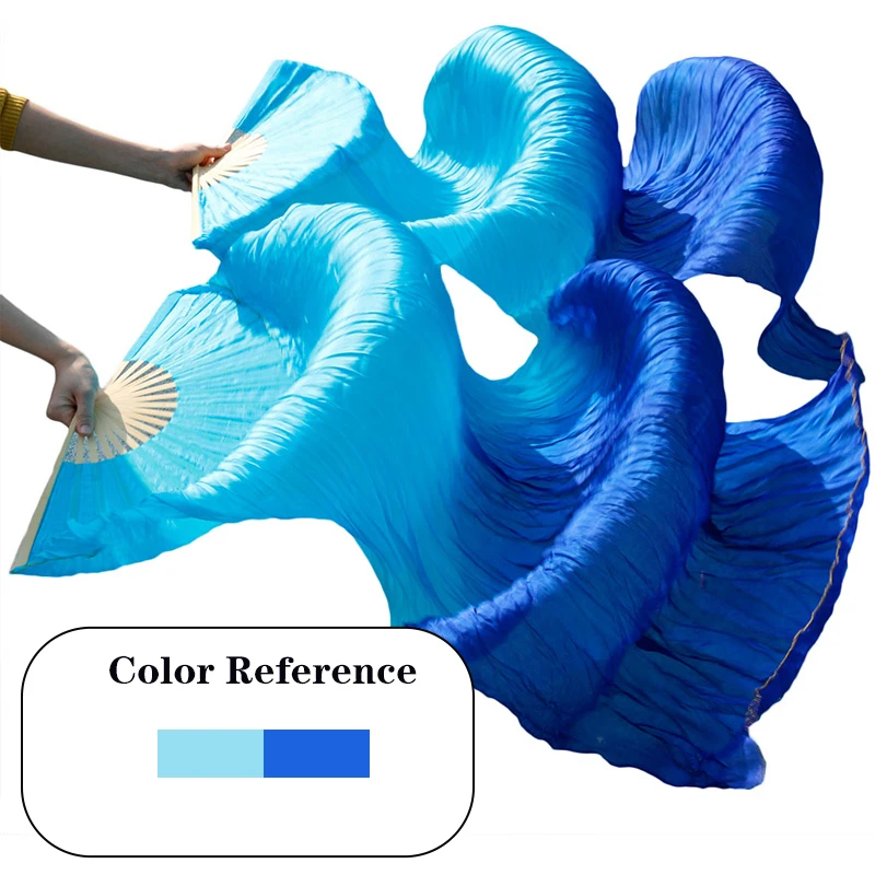 1 peça (1l + 1r) véus de seda real para dança do ventre 100% véu de leque de seda tamanho clássico para meninas adultos marrom começar fluido azul