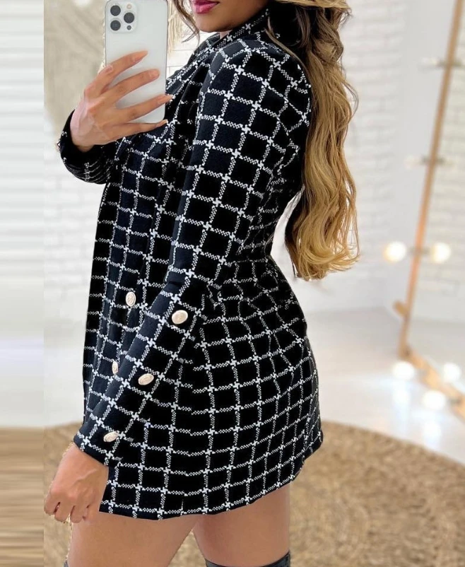 2 pçs roupa feminina 2024 outono fahsion houndstooth impressão xale colarinho manga longa blazer casaco & shorts elegantes conjunto com topo de