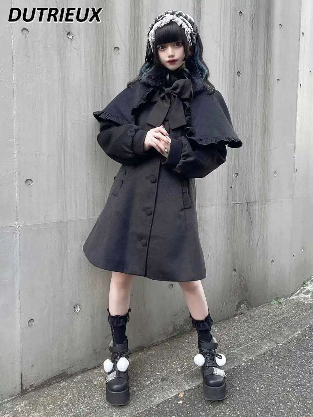 Autumn Winter Japanese Long Sleeve Single-Breasted Cape Jacket Loose Overcoat Mid-Length Sweet Girl Black Bow Woolen Coat