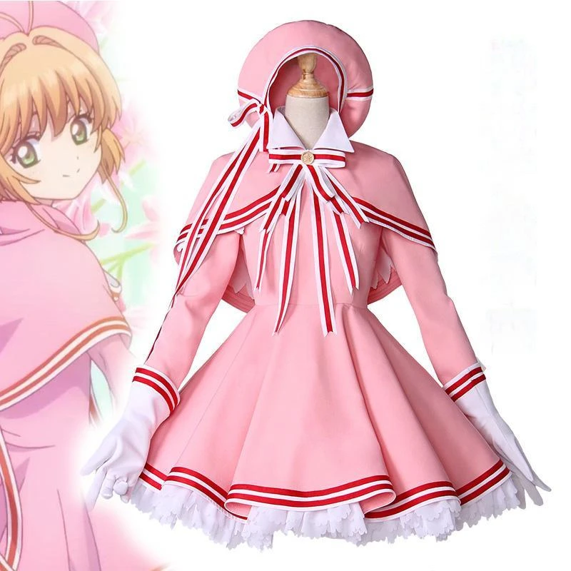 

Аниме карточка Captor Sakura Косплей Костюм для женщин милая Лолита платье накидка шляпа носки костюм розовая Волшебная Униформа Хэллоуин Женская одежда