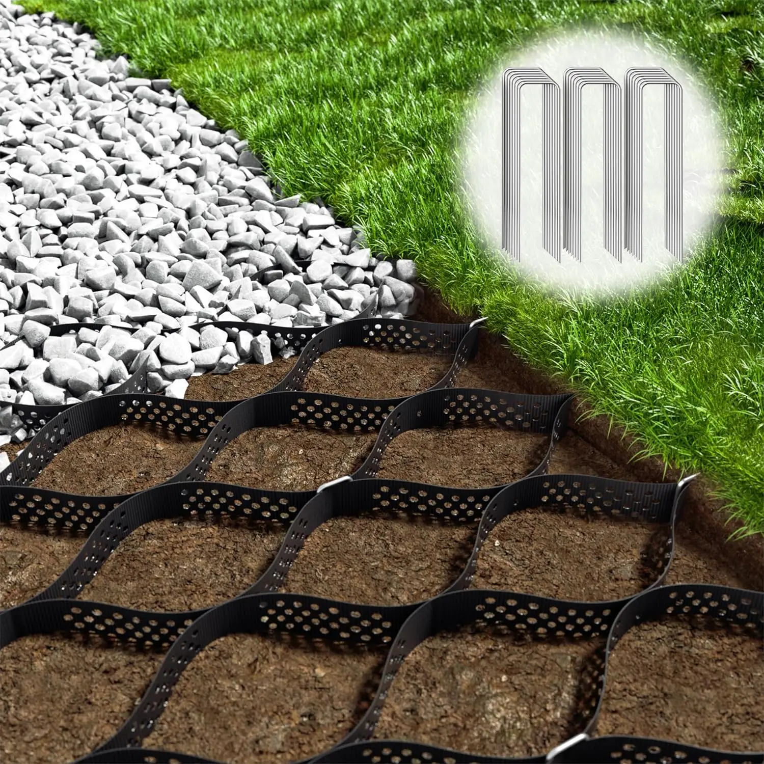 

8.9x17.5 FT Geogrid Ground Grid with 15 Staples, 2" Thick, 2200 lbs/sq ft for Driveway & Slope