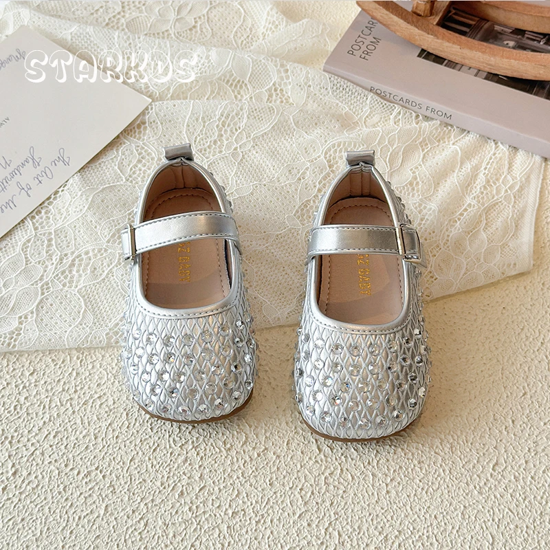 Bling Crystal Stud Cover Fishnet Ballet Flat Shoes Kid Girls Elegant Brand Design Princess Shoes Baby Child Party Dress Zapatos