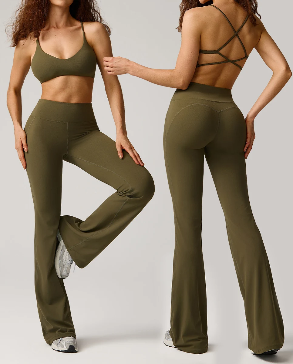 Autumn and Winter Brushed Yoga Set Womens Shock-absorbing Gathering Sports Bra High Waist Hip Lifting Flared Pants Two-piece Set